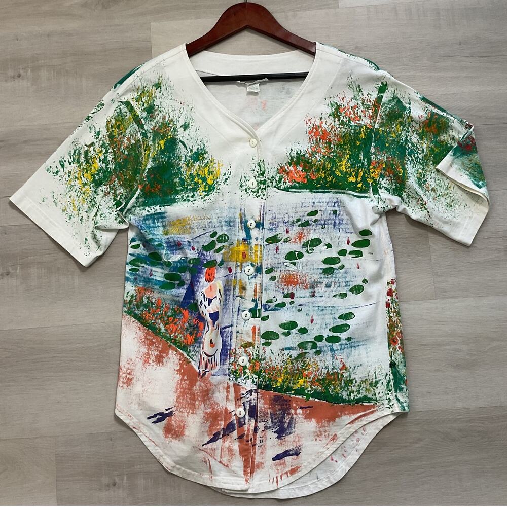 Vintage Marguerita Hand Painted Cotton Button Down Top Womens Medium